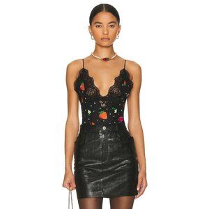 Alessandra Rich Strawberry Print Silk Jacquard Bodysuit in Black 42 New Womens